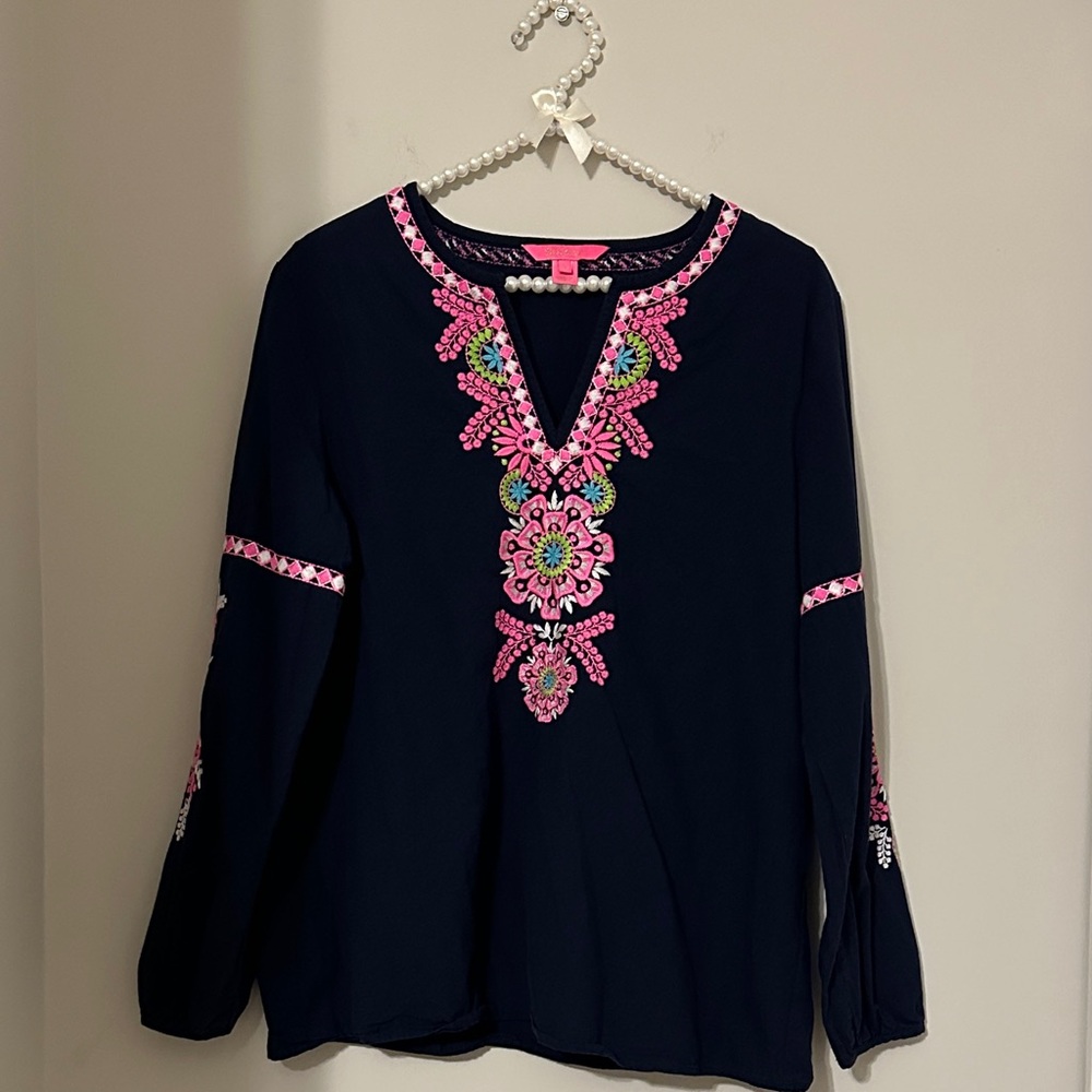 Lilly Pulitzer Navy Top with Pink Embroidery